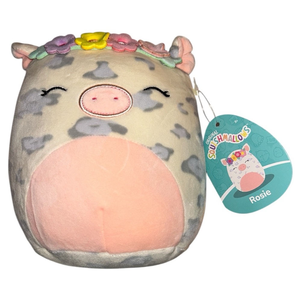 Squishmallows Rosie the Pig w grey spots & a purple, pink & yellow flower crown